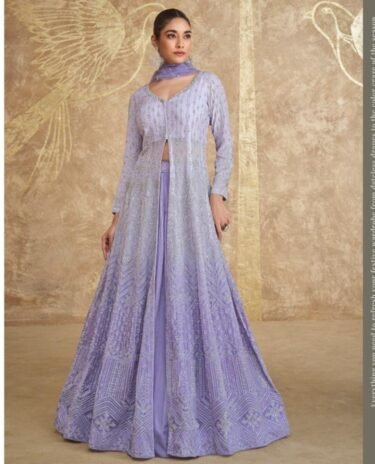 Light Lavender shaded Silk Embroidered And Sequins Indowestern Jacket Lehenga Wedding Wear