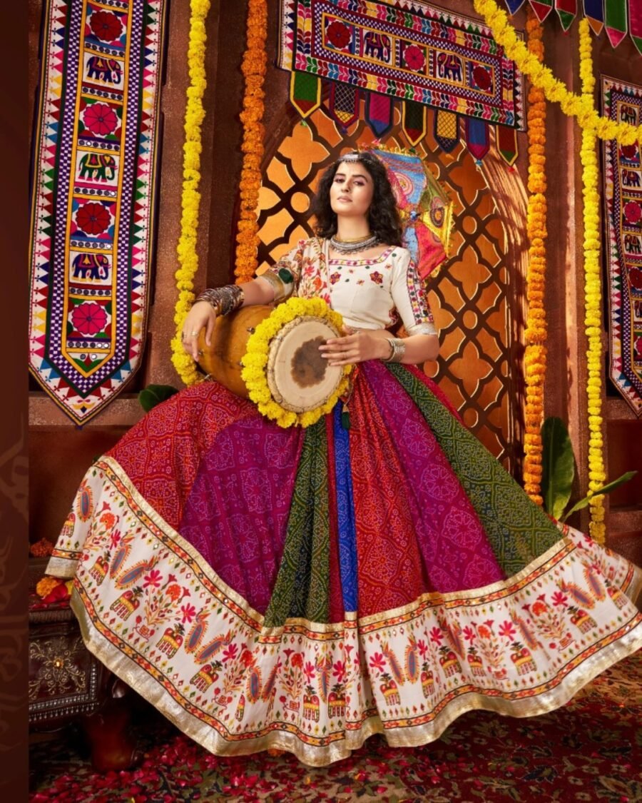 Multi Colour Shaded White Colour Blouse Thread Embroidered & Gota patti Work Navratri Choli