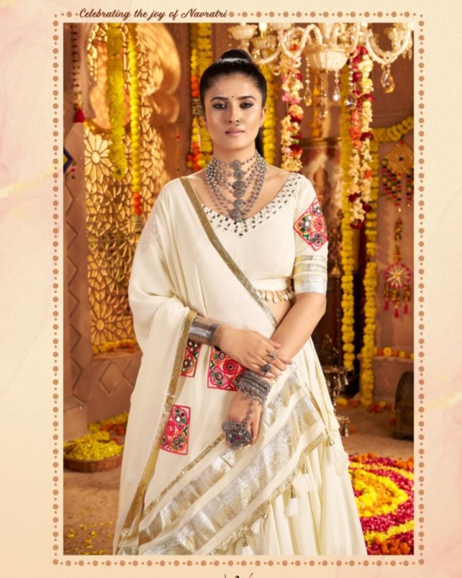Off White Colour Thread Embroidered & Gota patti Work Navratri Choli
