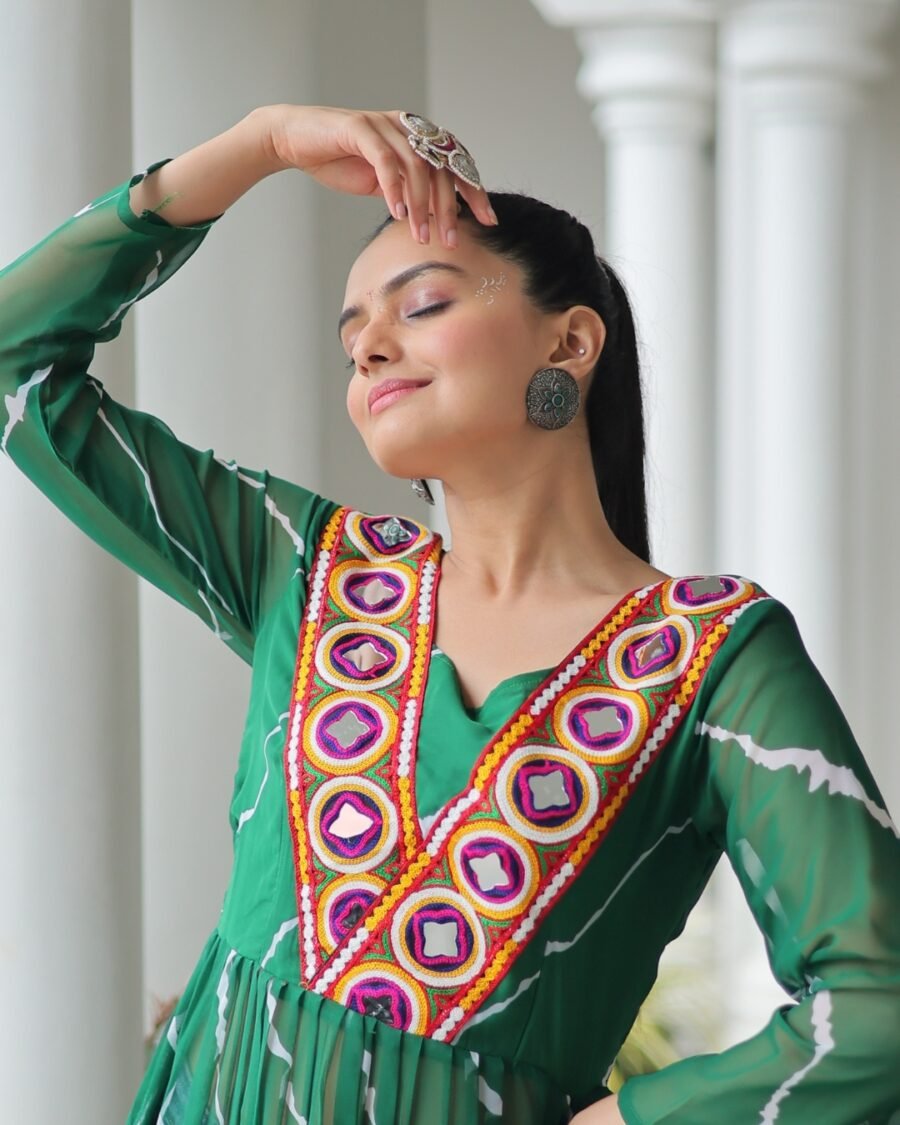 Green Print Work Kurti with kutchi Patchework in Faux Georgette.