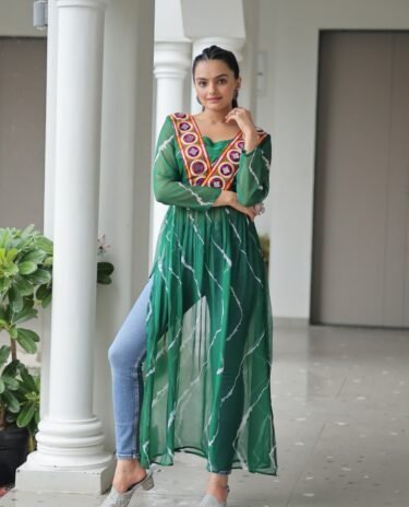 Green Print Work Kurti with kutchi Patchework in Faux Georgette.