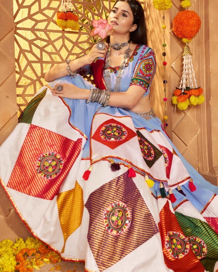 Light Blue  Colour Thread Embroidered & Gota patti Work Navratri Choli