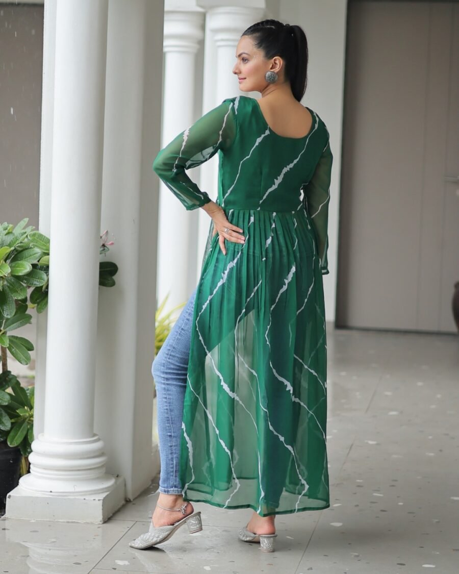 Green Print Work Kurti with kutchi Patchework in Faux Georgette.