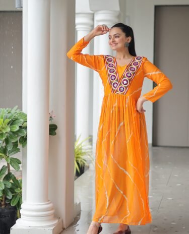 Yellow Print Work Kurti with kutchi Patchework in Faux Georgette.