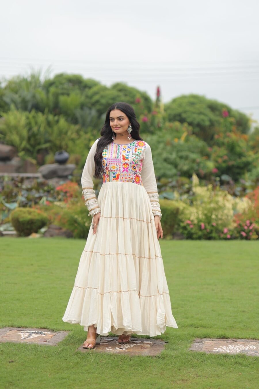 White Thread Embroidered & Gota patti Work Navratri Gown