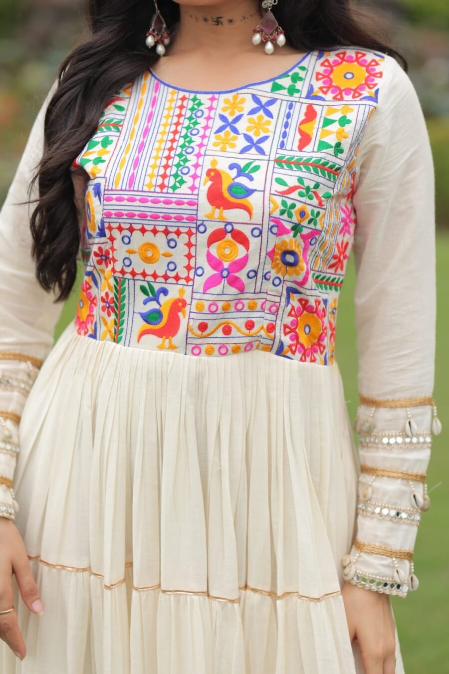 White Thread Embroidered & Gota patti Work Navratri Gown