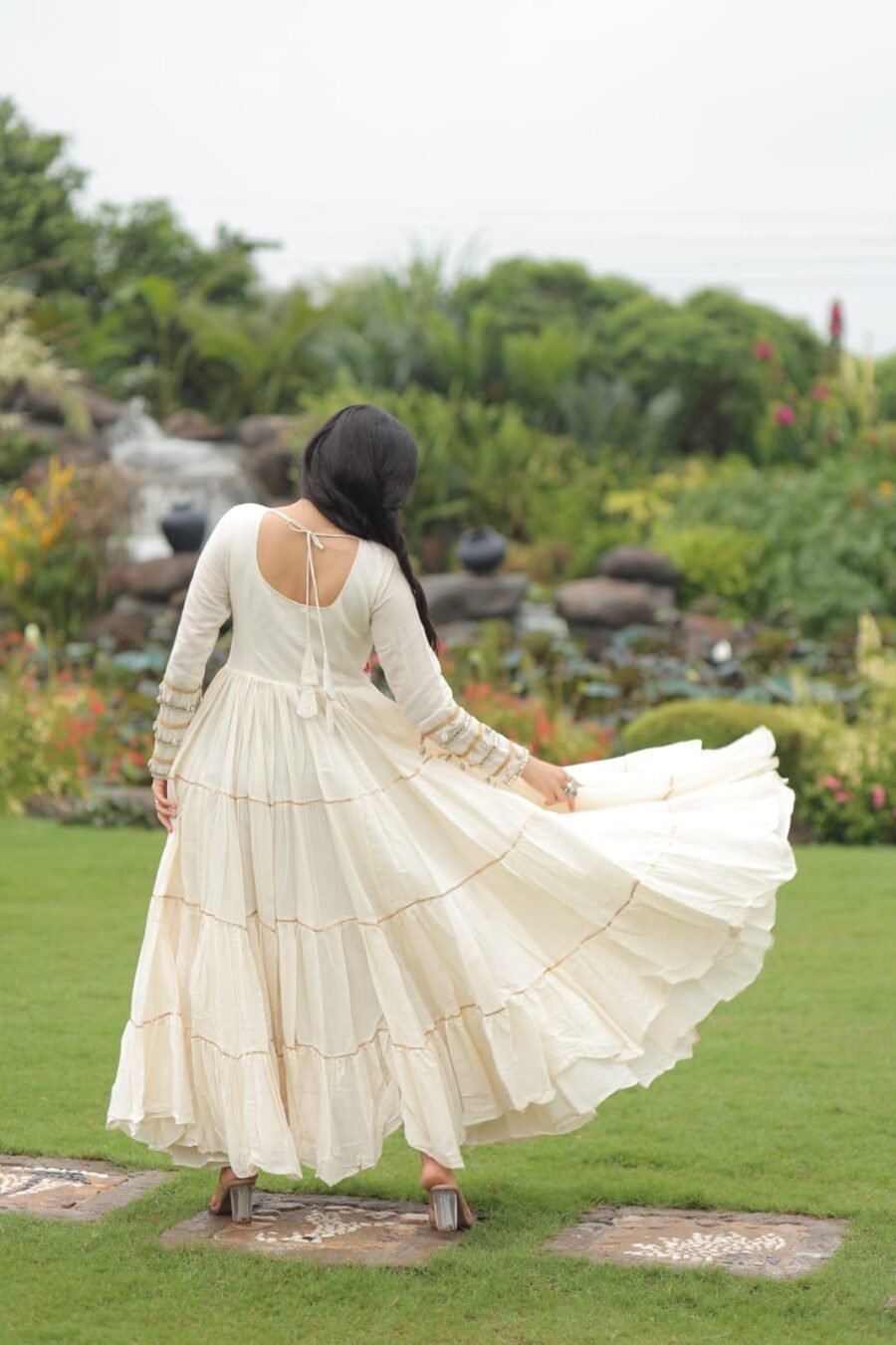 White Thread Embroidered & Gota patti Work Navratri Gown