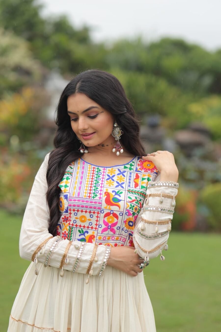 White Thread Embroidered & Gota patti Work Navratri Gown