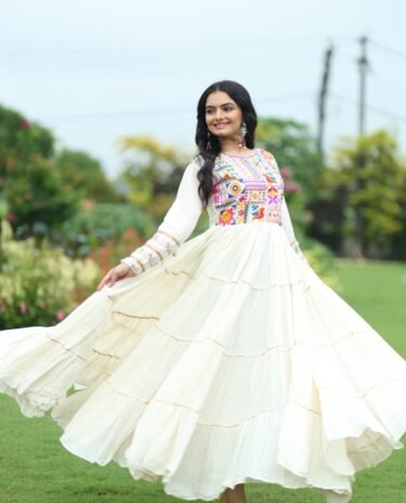 White Thread Embroidered & Gota patti Work Navratri Gown