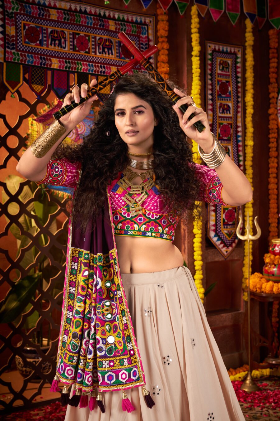Pink & Beige Colour Viscose Cotton Lehenga & Blouse Thread Embroidered Navratri Choli
