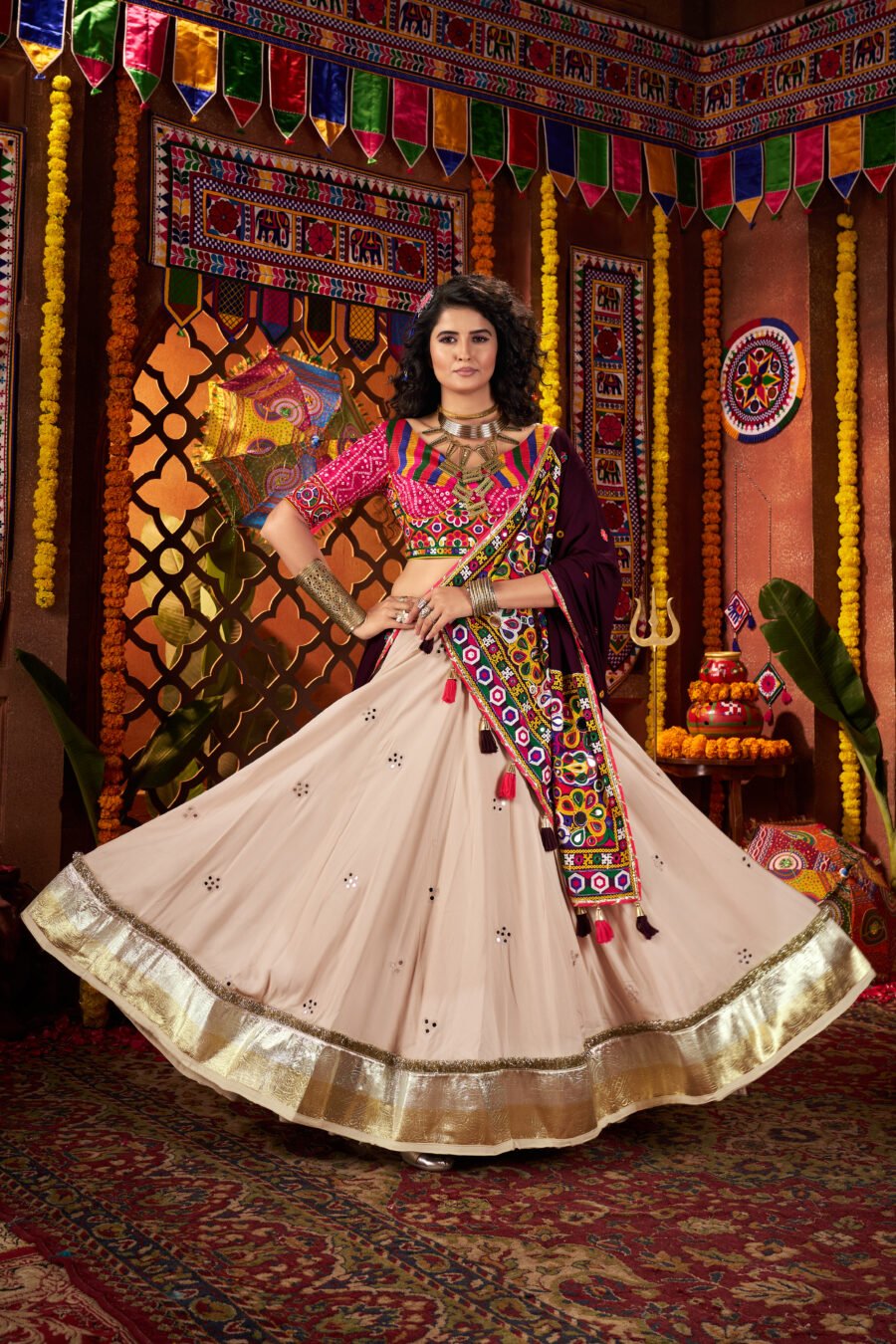 Pink & Beige Colour Viscose Cotton Lehenga & Blouse Thread Embroidered Navratri Choli