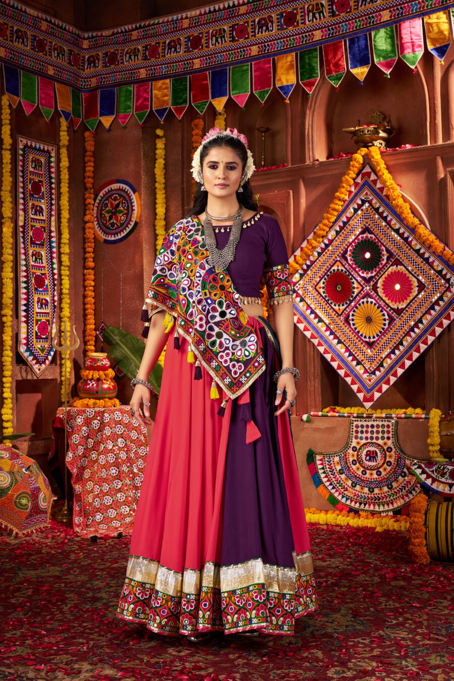 Purple & Reddish Colour Viscose Cotton Lehenga & Blouse Thread Embroidered Navratri Choli