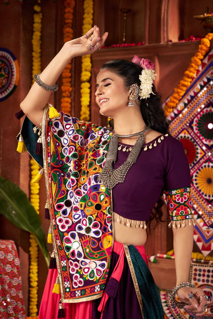 Purple & Reddish Colour Viscose Cotton Lehenga & Blouse Thread Embroidered Navratri Choli