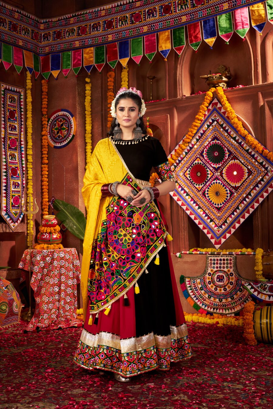 Red & Black Colour Viscose Cotton Lehenga & Blouse Thread Embroidered Navratri Choli