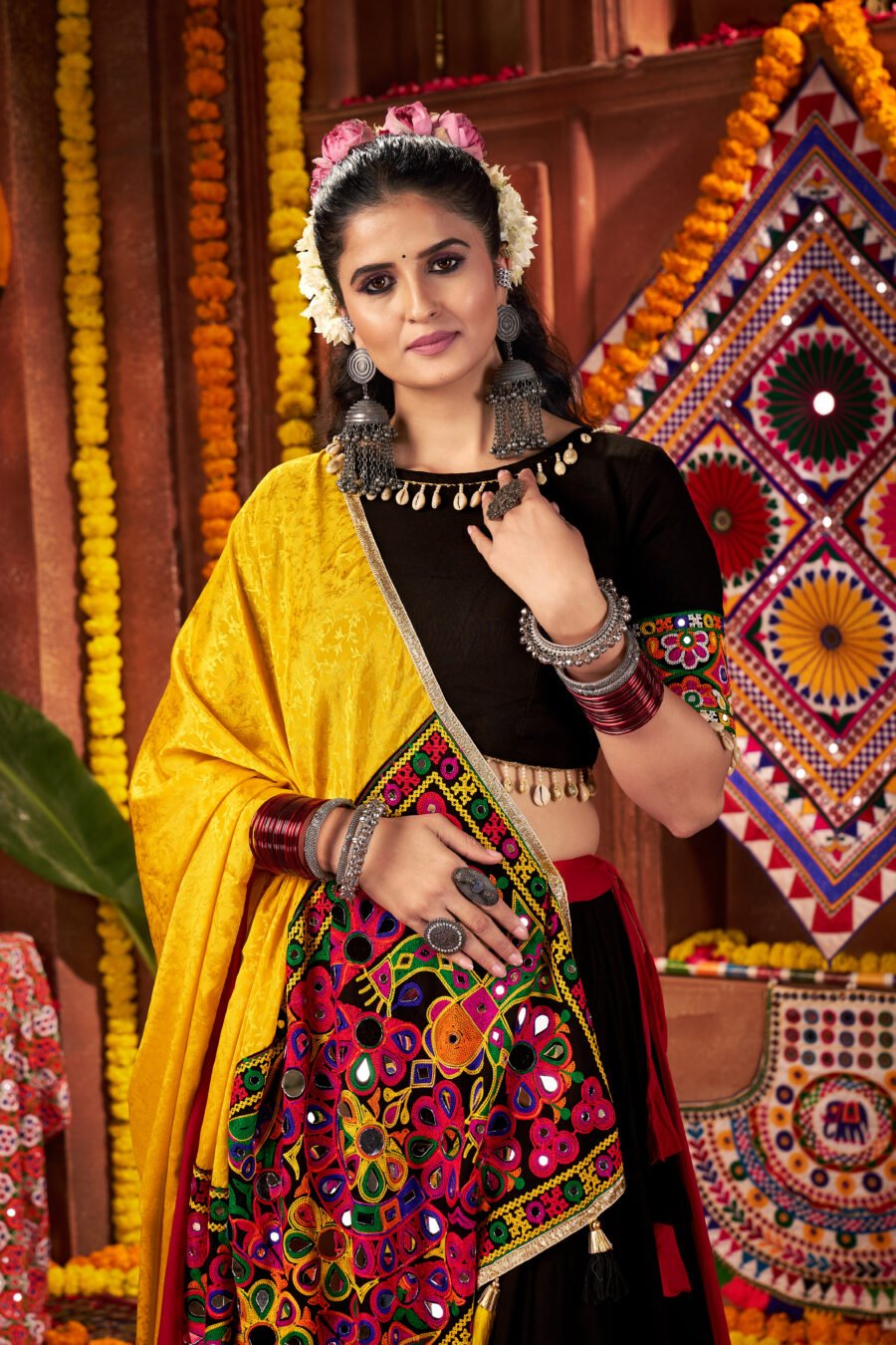 Red & Black Colour Viscose Cotton Lehenga & Blouse Thread Embroidered Navratri Choli