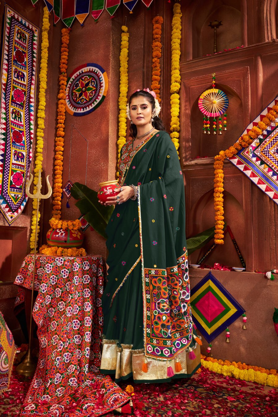 Dark Green Colour Viscose Cotton Lehenga & Blouse Thread Embroidered Navratri Choli