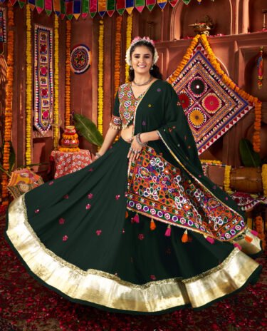 Dark Green Colour Viscose Cotton Lehenga & Blouse Thread Embroidered Navratri Choli