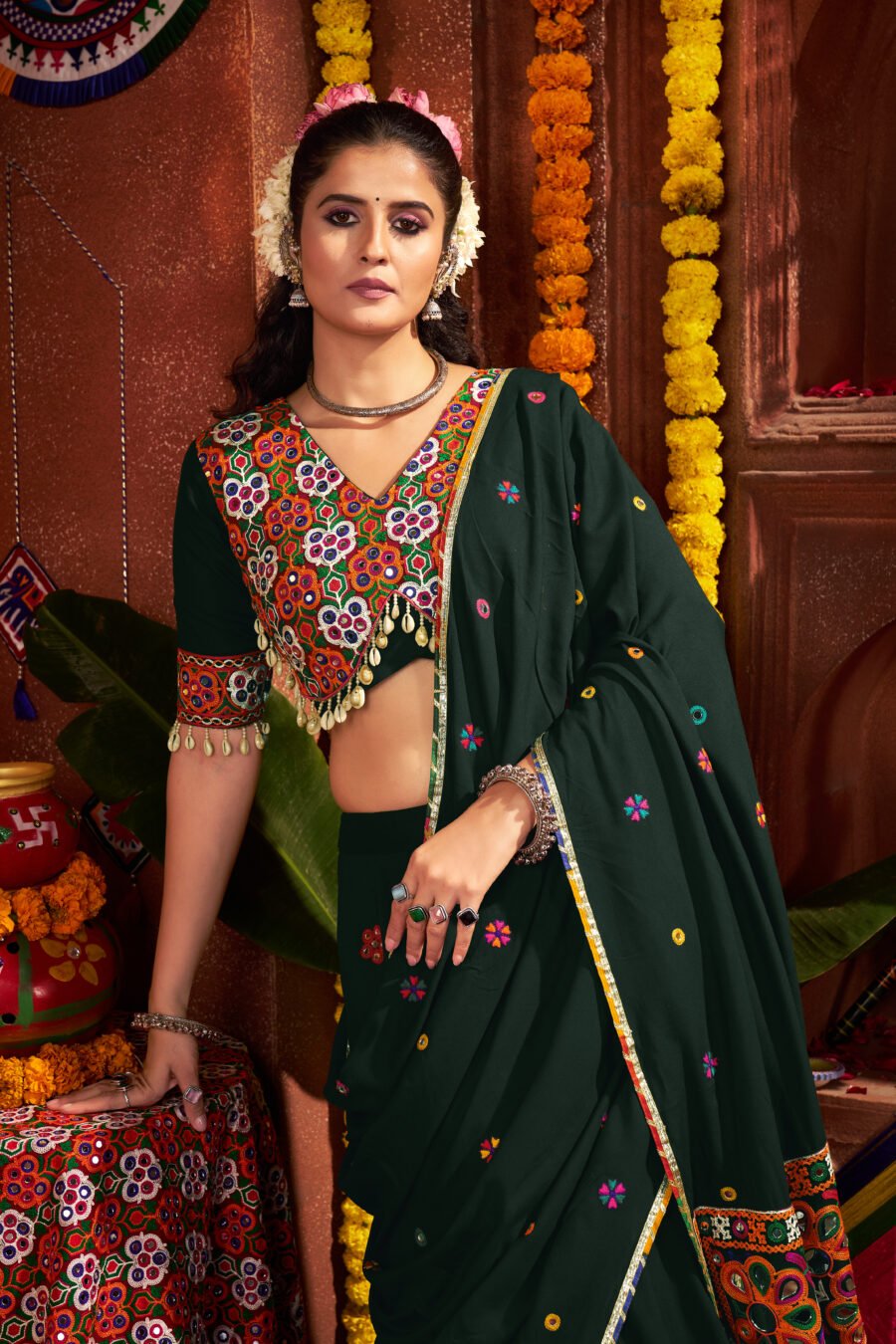 Dark Green Colour Viscose Cotton Lehenga & Blouse Thread Embroidered Navratri Choli