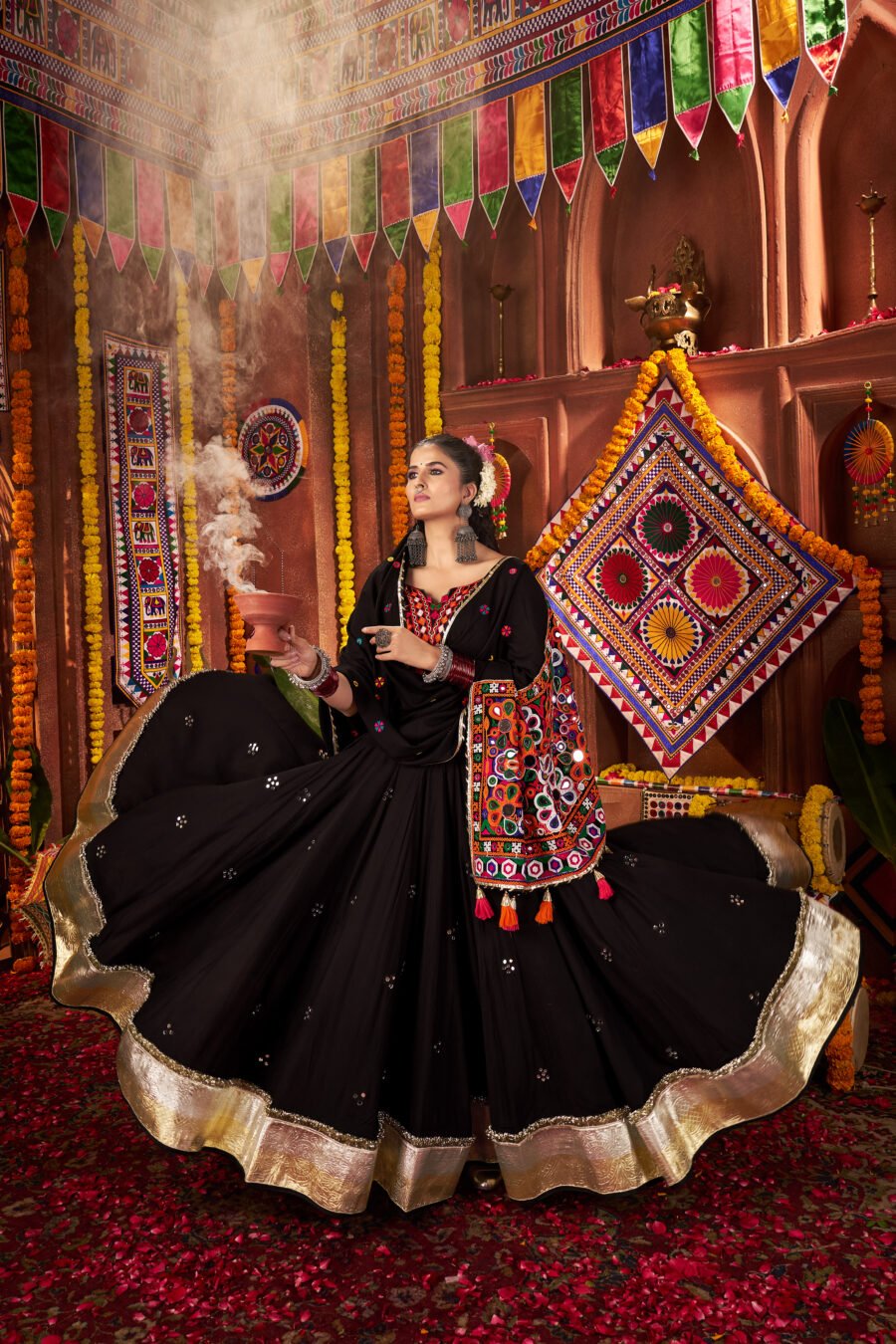 Black Colour Viscose Cotton Lehenga & Blouse Thread Embroidered Navratri Choli