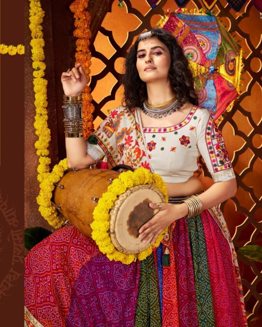 Multi Colour Printed Lehenga & off white Blouse Thread Embroidered Navratri Choli