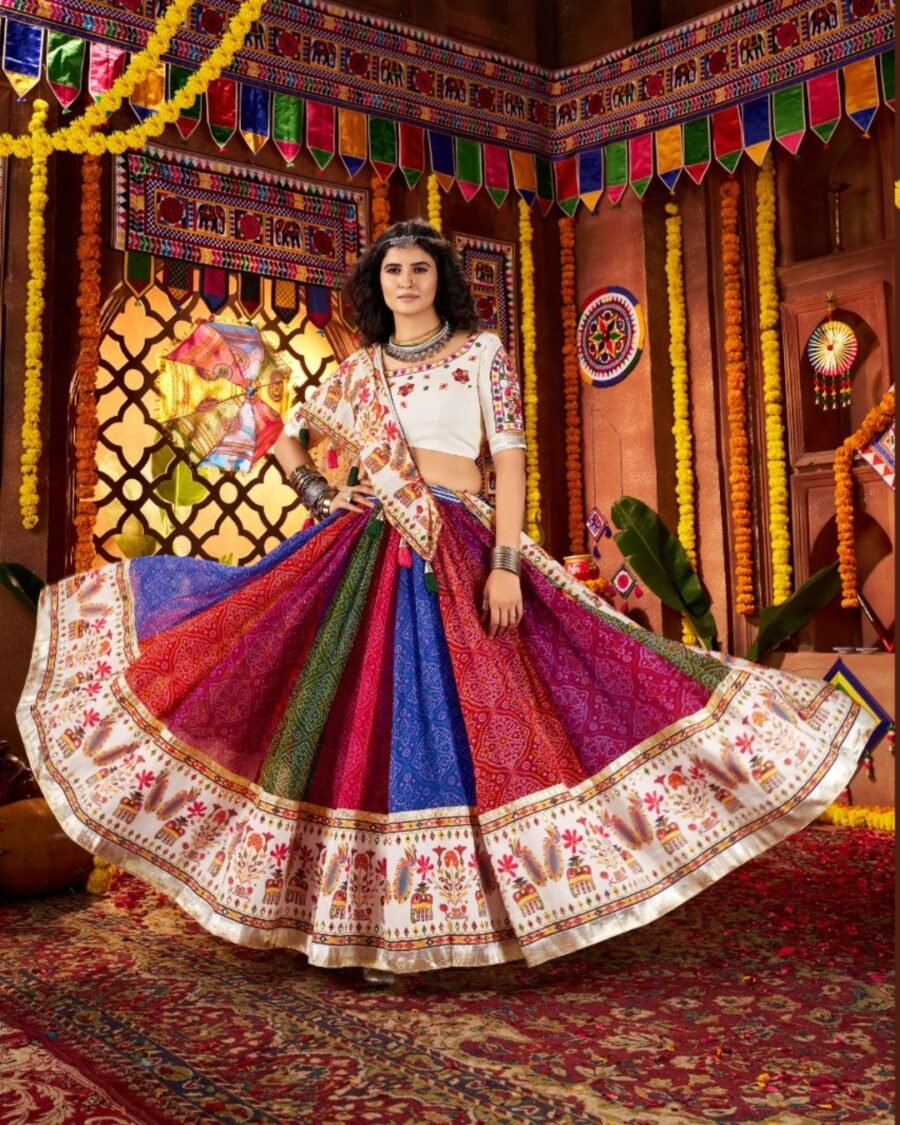 Multi Colour Printed Lehenga & off white Blouse Thread Embroidered Navratri Choli