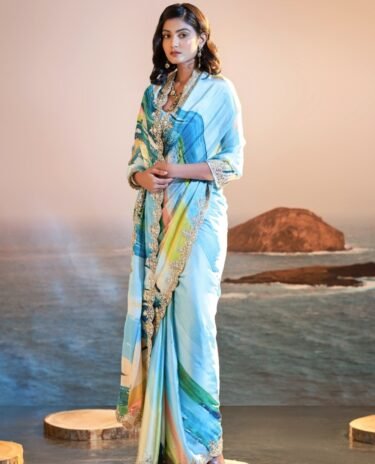 Light Blue printed Organza Sarees Wedding Wear With Blouse