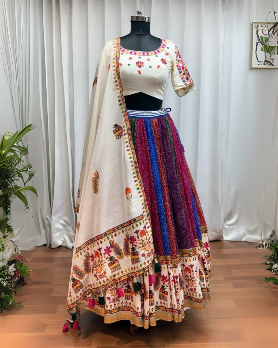 Multi Colour Printed Lehenga & off white Blouse Thread Embroidered Navratri Choli