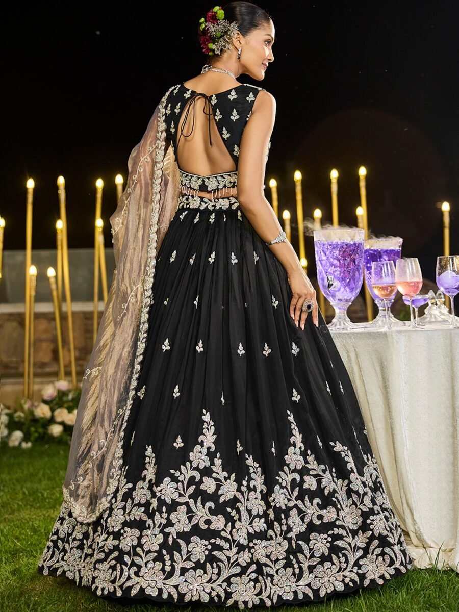 Pure Black Georgette Sequins and thread Embroidered Lehenga Choli