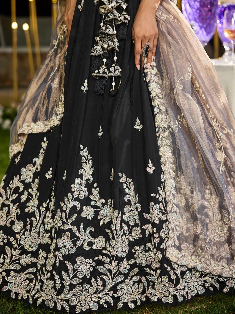 Pure Black Georgette Sequins and thread Embroidered Lehenga Choli