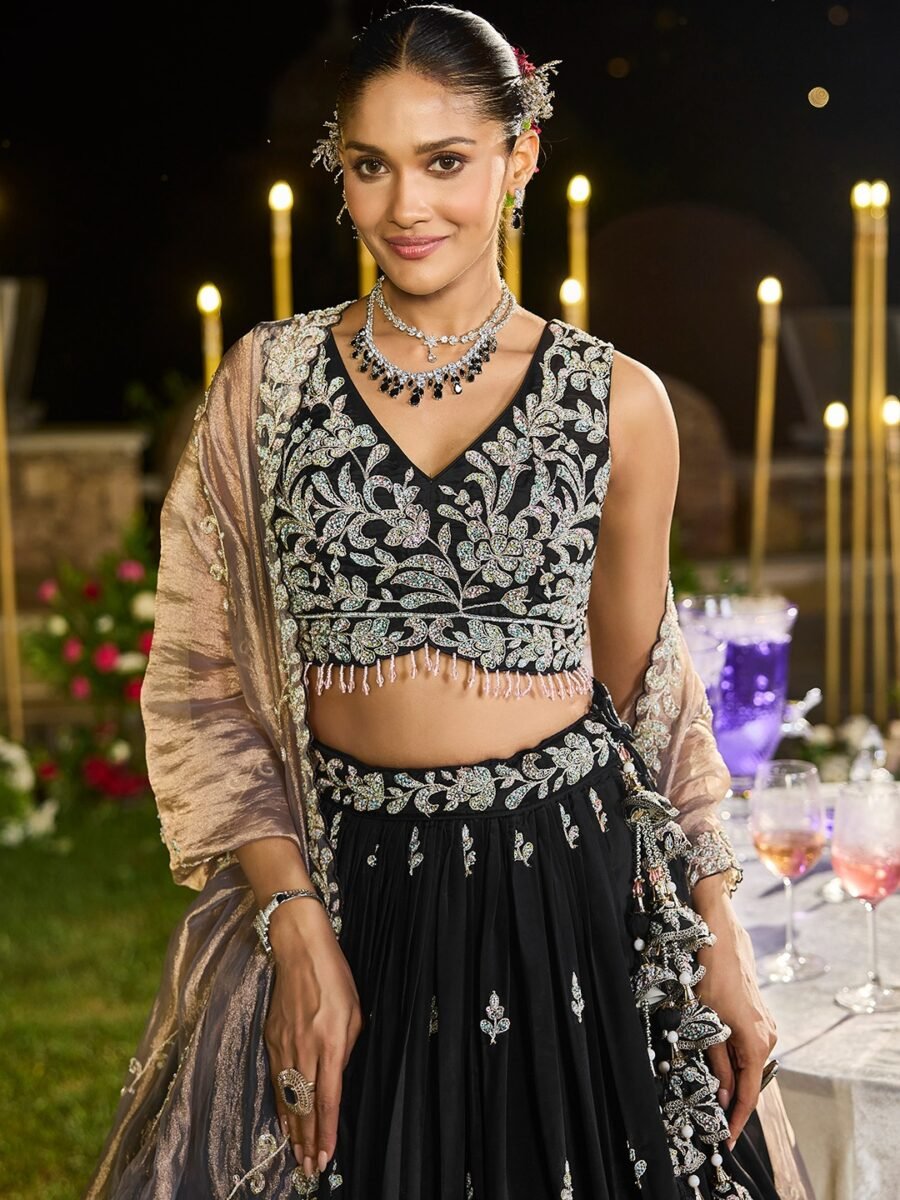 Pure Black Georgette Sequins and thread Embroidered Lehenga Choli