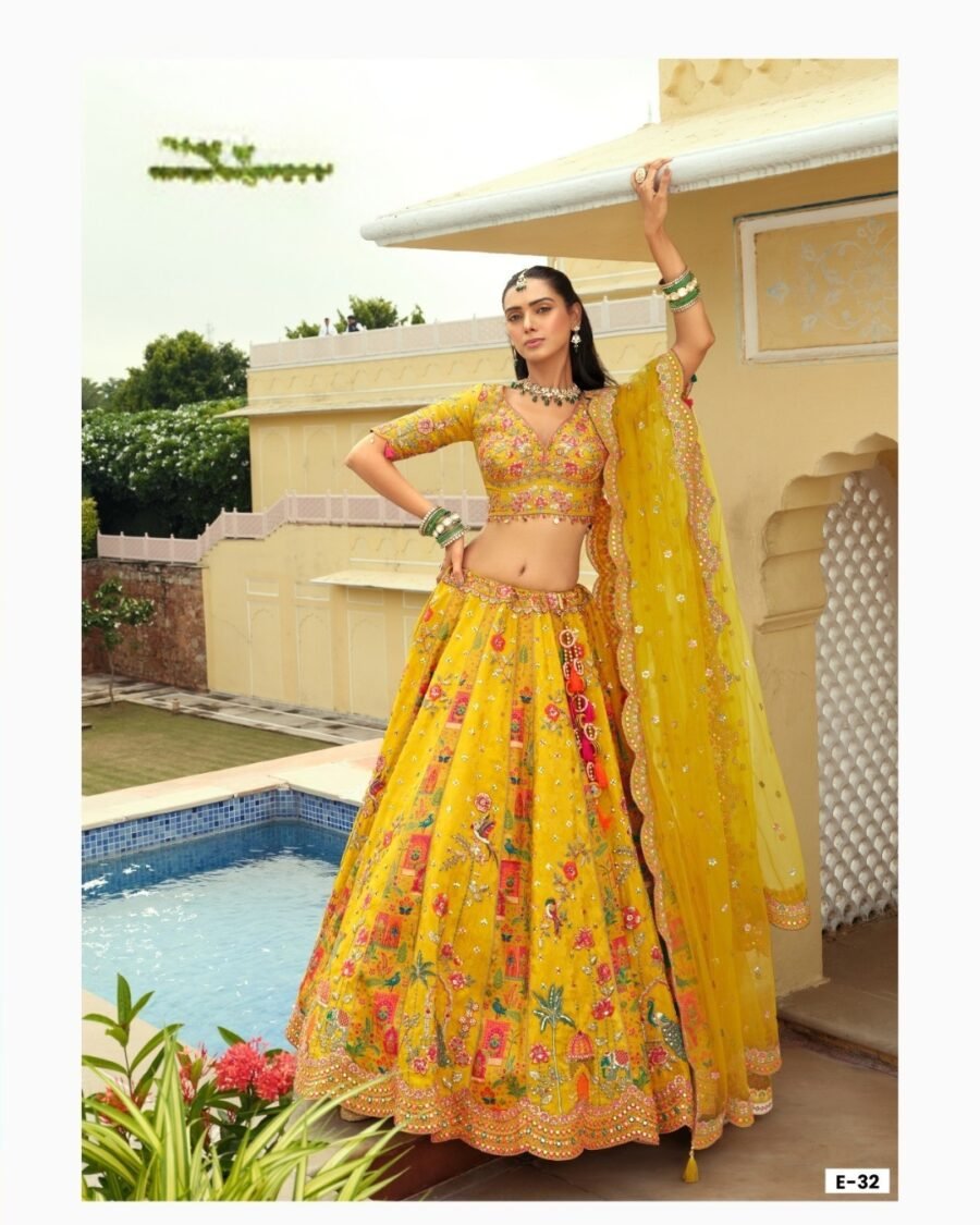 Yellow Floral Embroidered Bridal Lehenga with Embroidered Bridal Lehenga  thread work lehenga set