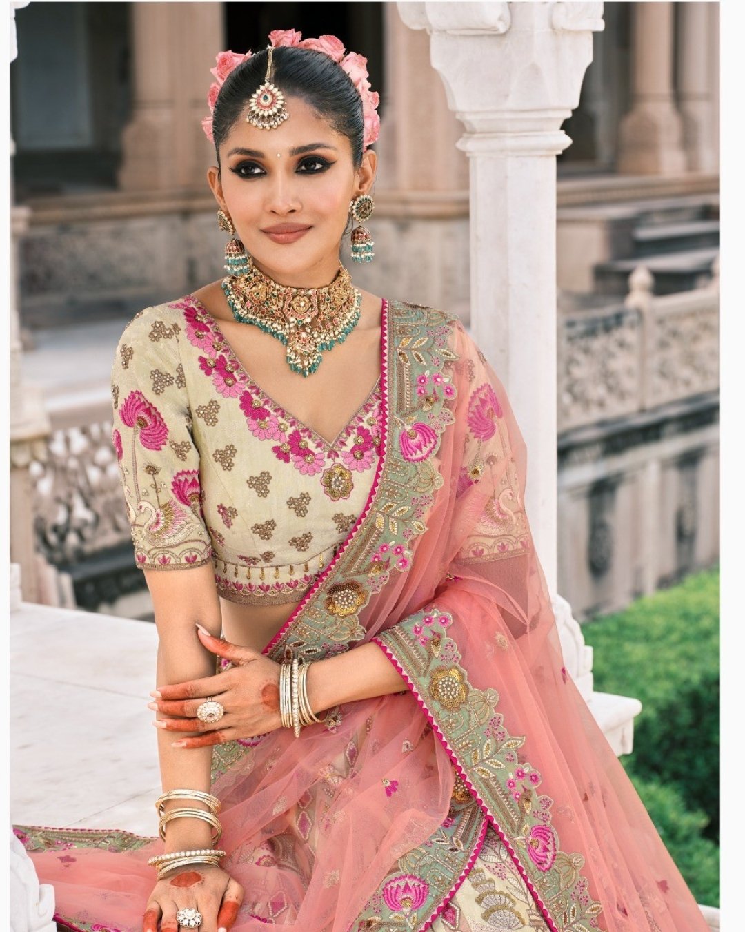 Ivory & Rose Pink Bridal Lehenga with Embroidered Bridal Lehenga  thread work lehenga set