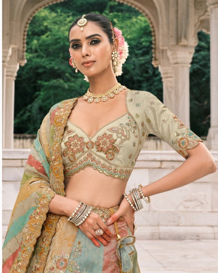 Pastel Floral Embroidered Bridal Lehenga with Embroidered Bridal Lehenga  thread work lehenga set