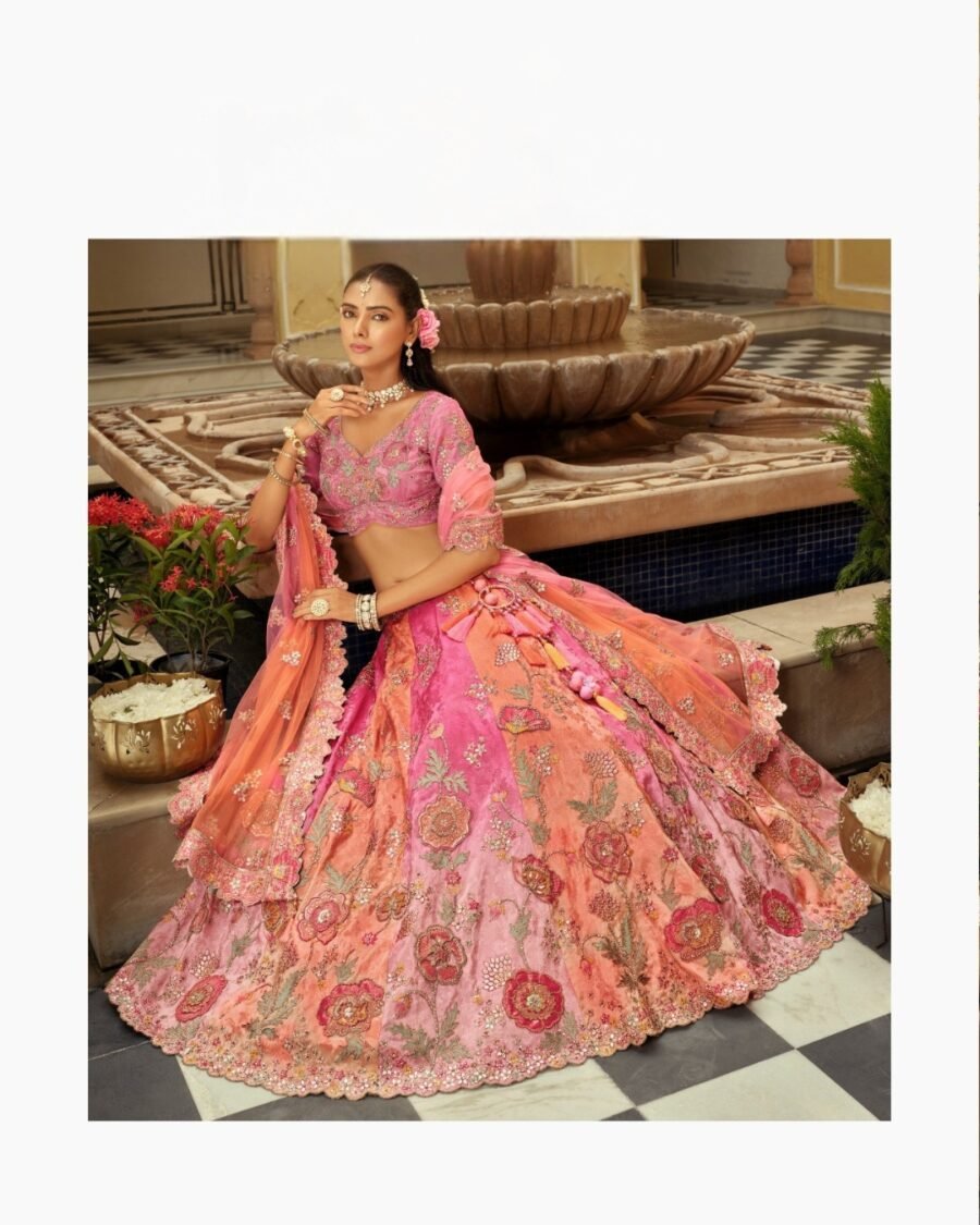 Salmon Pink Floral Embroidered Bridal Lehenga with Embroidered Bridal Lehenga  thread work lehenga set
