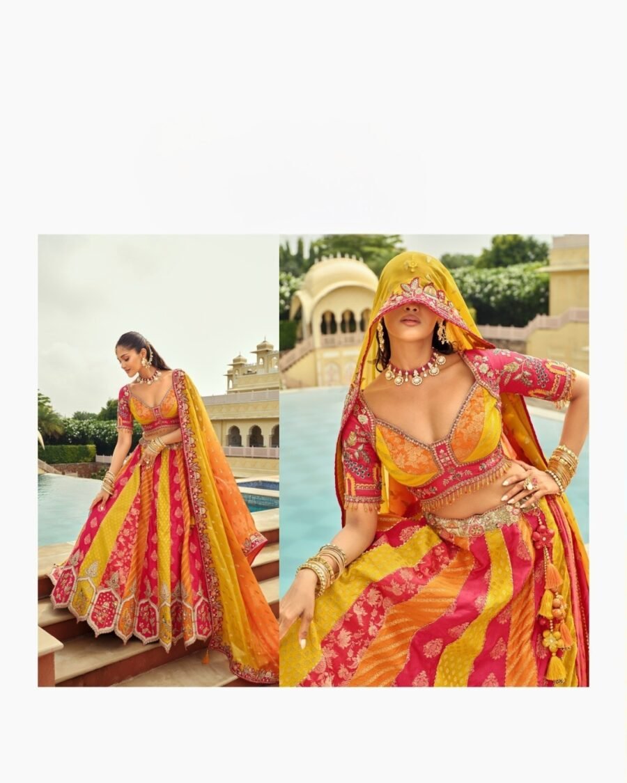 Multi Colour Orange & Yellow Floral Embroidered Bridal Lehenga with Embroidered Bridal Lehenga  thread work lehenga set