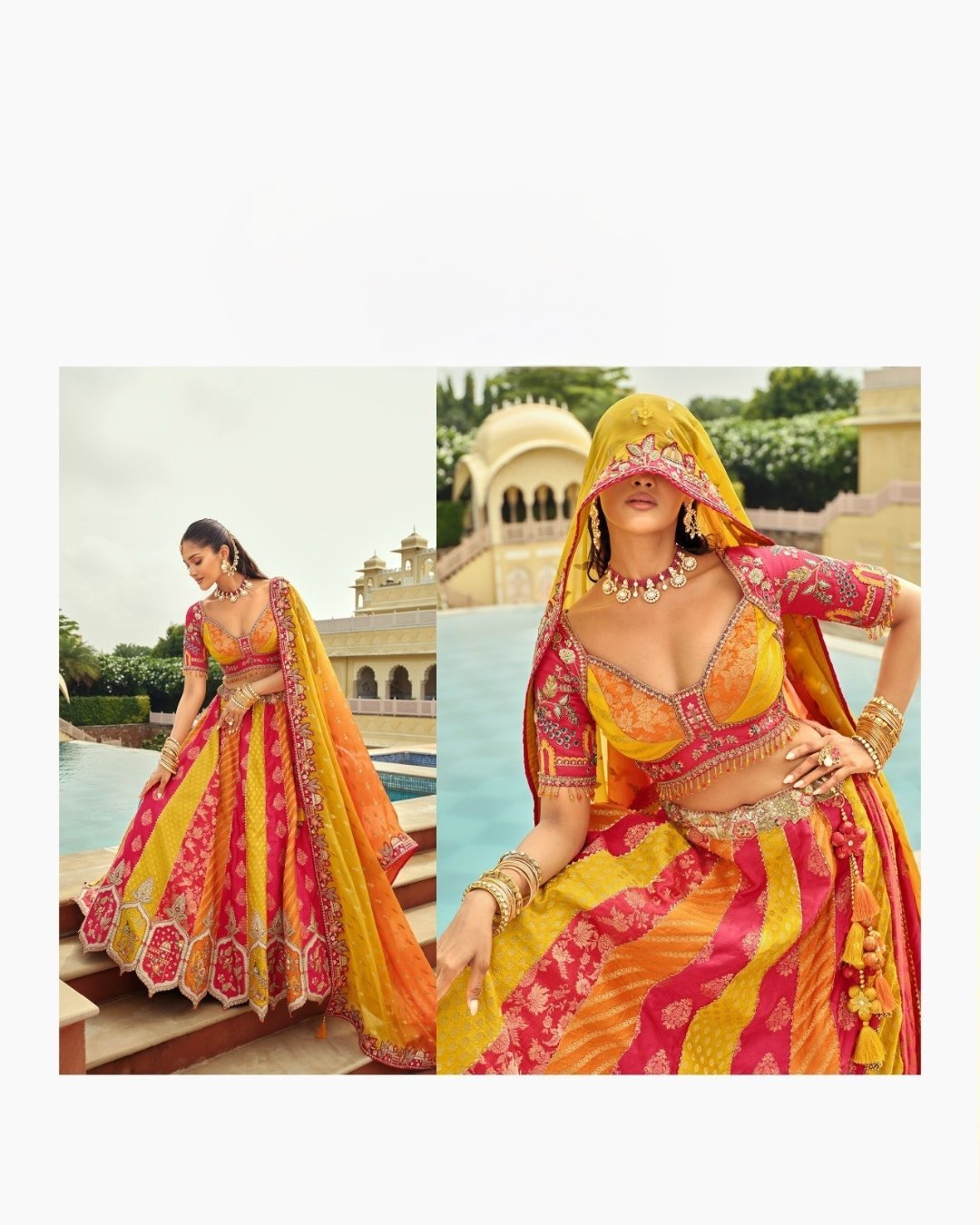 Multi Colour Orange & Yellow Floral Embroidered Bridal Lehenga with Embroidered Bridal Lehenga  thread work lehenga set