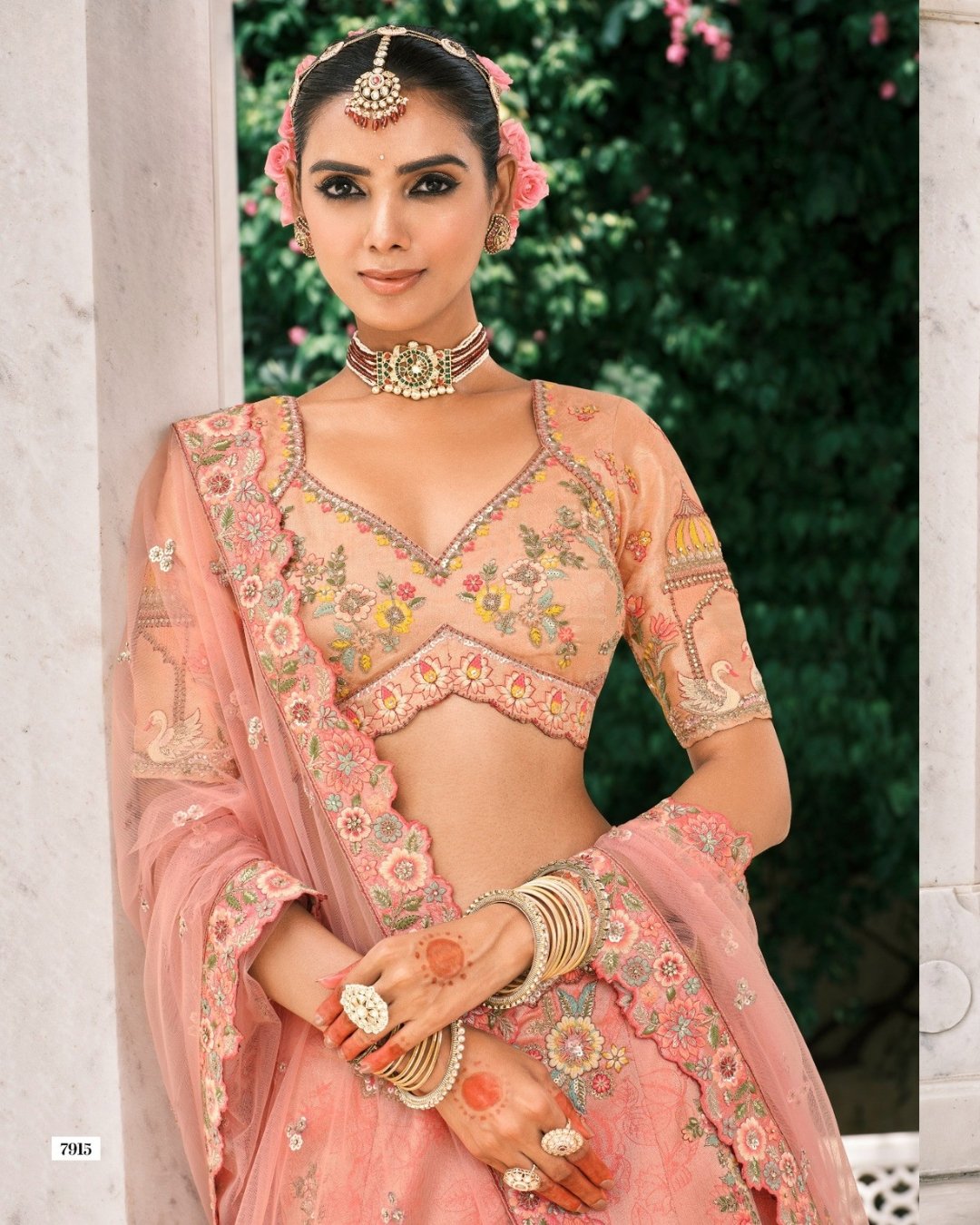 Peach Blossom Embroidered Bridal Lehenga thread work lehenga set