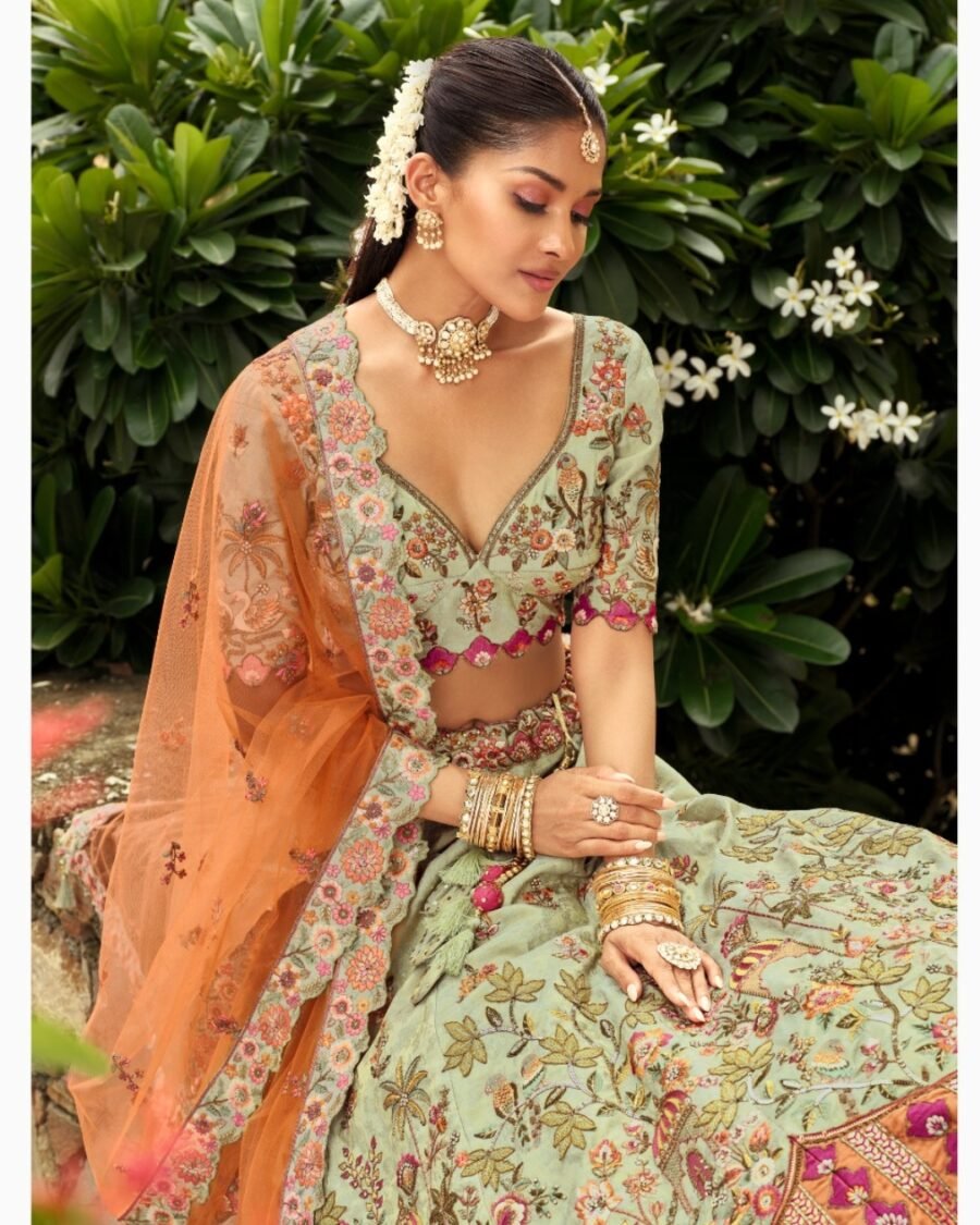 Light Green Orange & Yellow Floral Embroidered Bridal Lehenga with Embroidered Bridal Lehenga  thread work lehenga set