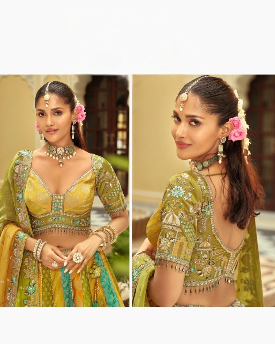 Green Multi Colour  Floral Embroidered Bridal Lehenga with Embroidered Bridal Lehenga  thread work lehenga set