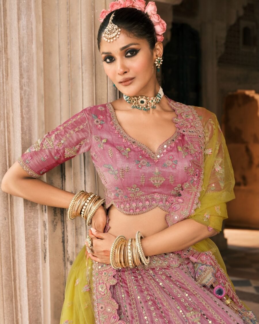 Royal Rose Lehenga with Olive Green Dupatta Embroidered Bridal Lehenga Embroidered Bridal Lehenga thread work lehenga set