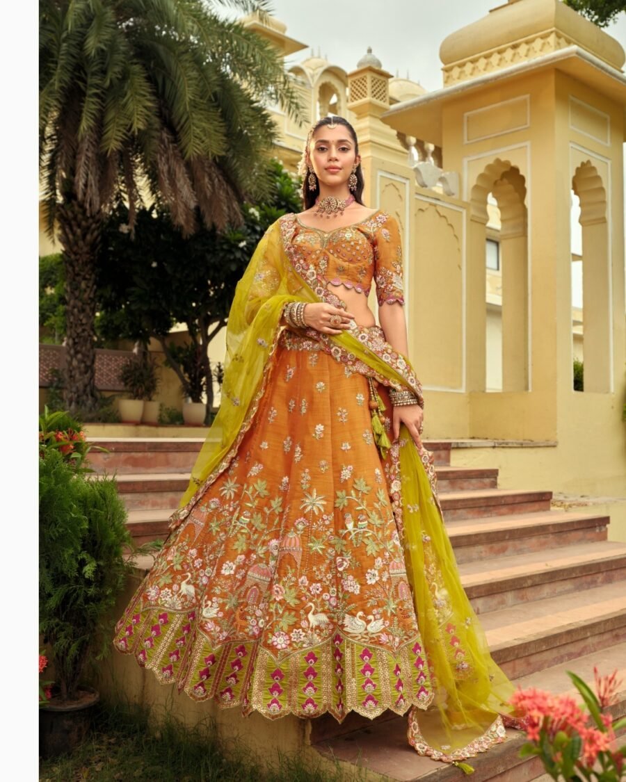 Dark Orange & Yellow Floral Embroidered Bridal Lehenga with Embroidered Bridal Lehenga  thread work lehenga set