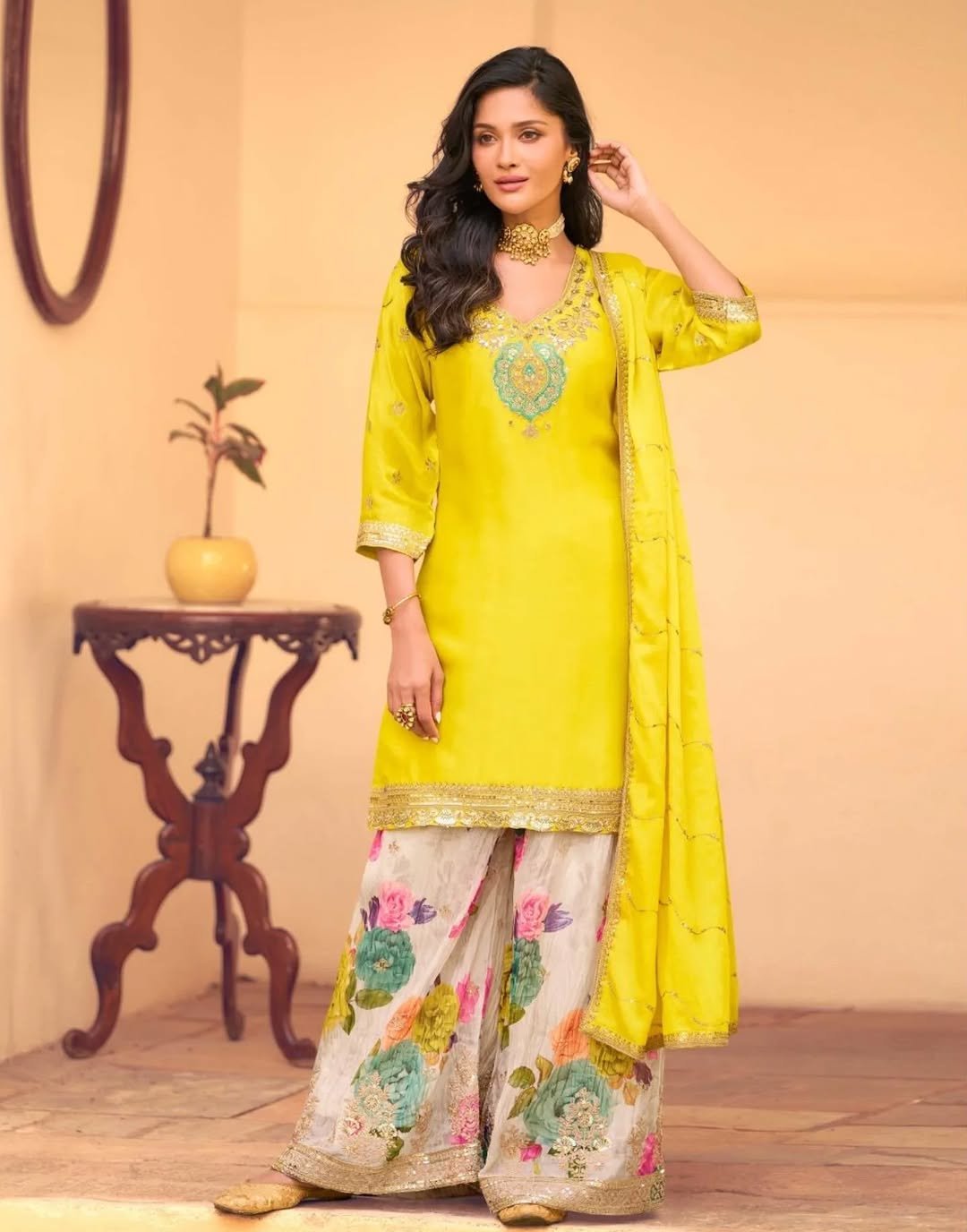 Yellow Colour Sharara Suit REAL PREMIUM CHINON SILK ( FESTIVE LOOK CHİNON SILK EMBROIDERED TOP WITH EMBROIDERED SHARARA AND DUPATTA)