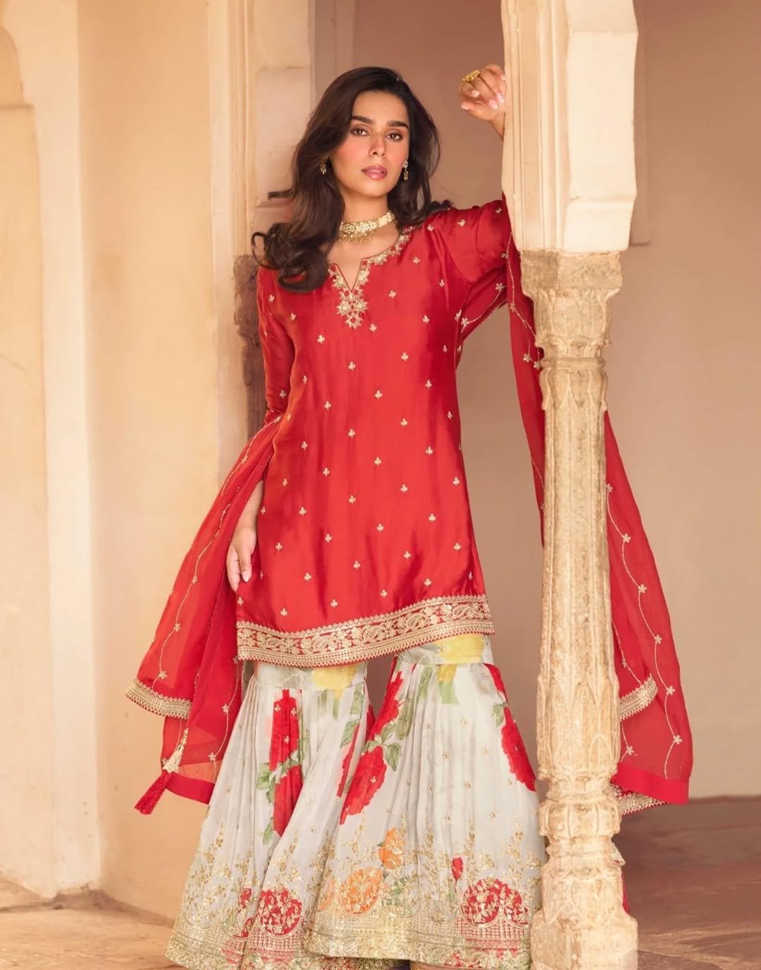 Red Colour Sharara Suit REAL PREMIUM CHINON SILK ( FESTIVE LOOK CHİNON SILK EMBROIDERED TOP WITH EMBROIDERED SHARARA AND DUPATTA)