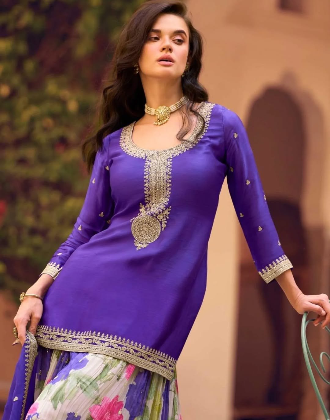 Purple Colour Sharara Suit REAL PREMIUM CHINON SILK ( FESTIVE LOOK CHİNON SILK EMBROIDERED TOP WITH EMBROIDERED SHARARA AND DUPATTA)