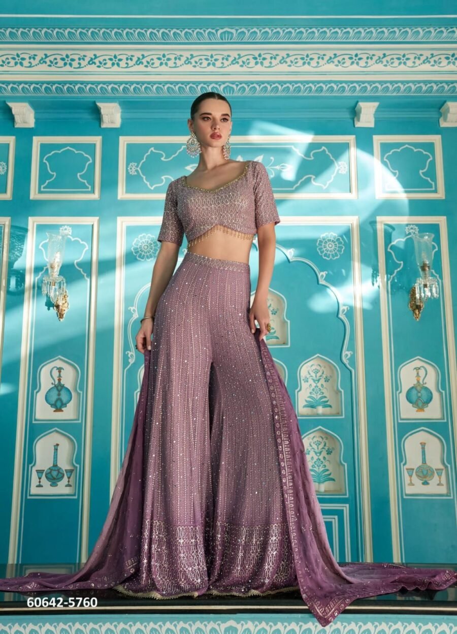 Lavendar Colour REAL PREMIUM CHINON SILK ( FESTIVE LOOK CHİNON SILK EMBROIDERED TOP WITH EMBROIDERED SHARARA AND DUPATTA