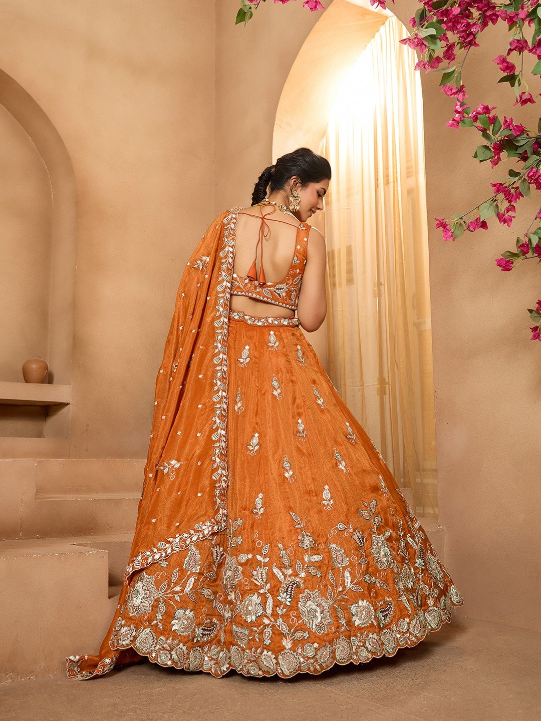 Orange - Tissue Fabric Sequinse embroidery Semi-Stitched Lehenga & Unstitched Blouse With Dupatta