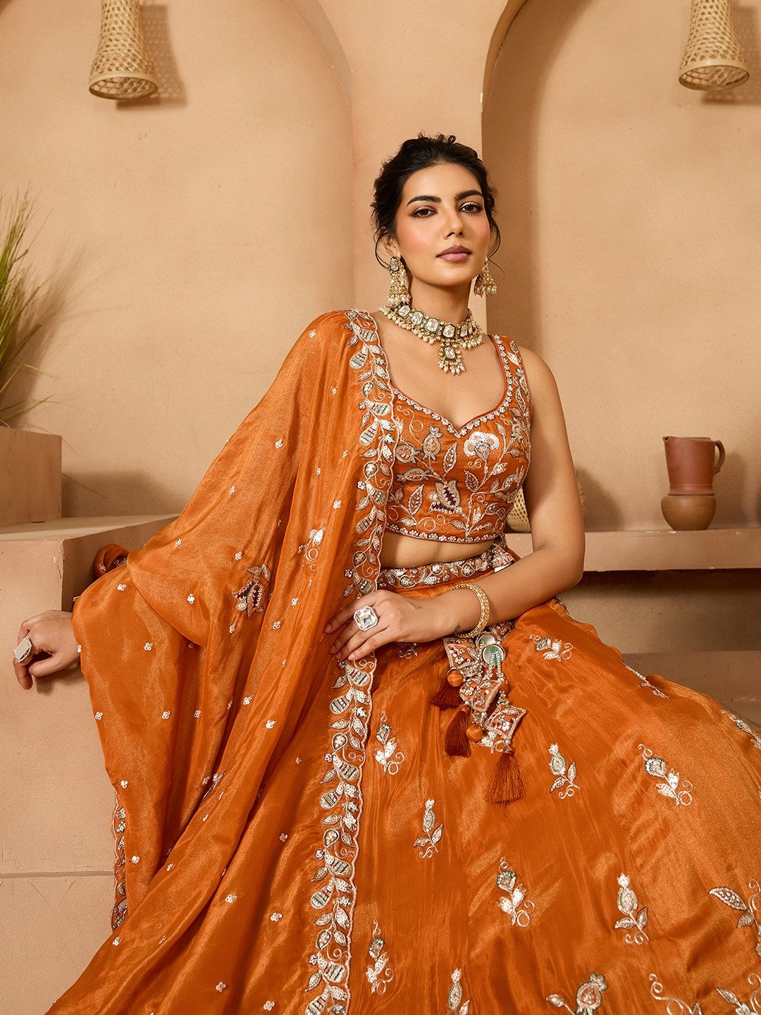 Orange - Tissue Fabric Sequinse embroidery Semi-Stitched Lehenga & Unstitched Blouse With Dupatta