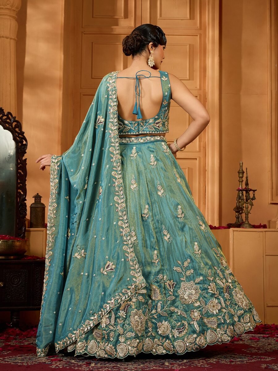 Green - Tissue Fabric Sequinse embroidery Semi-Stitched Lehenga & Unstitched Blouse With Dupatta