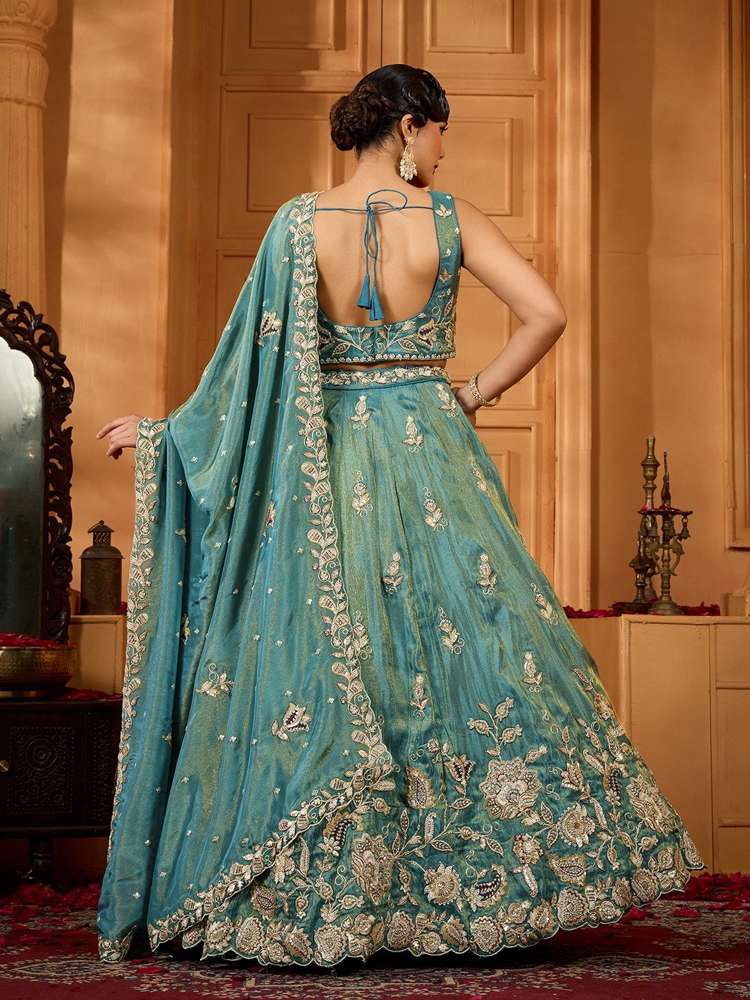 Green - Tissue Fabric Sequinse embroidery Semi-Stitched Lehenga & Unstitched Blouse With Dupatta