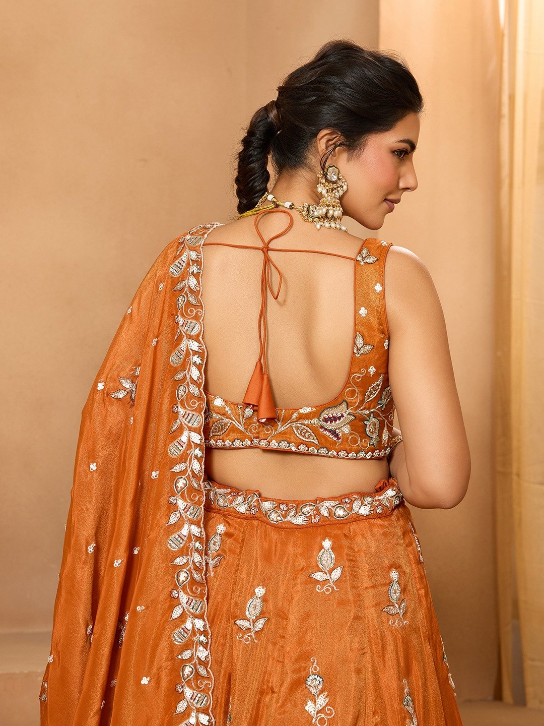 Orange - Tissue Fabric Sequinse embroidery Semi-Stitched Lehenga & Unstitched Blouse With Dupatta